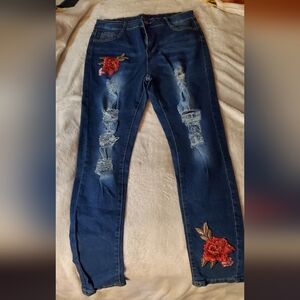 Womens Distressed Floral Embroidered Jeans Size Large